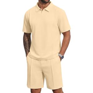 YTD Men's 2 Piece Outfits Casual Short Sleeve Polo Shirts and Shorts Sets Loose Fit Summer Athletic Track Suits (Beige, XL)
