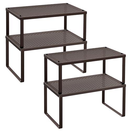 SONGMICS Spice Racks, Set of 4 Metal Cabinet Shelf Organizers, Countertop Organizers, Shelf Risers, Stackable, Expandable, Brown UKCS06BR