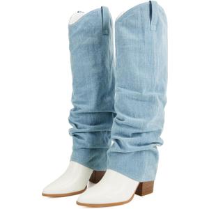 Putu Fold Over Boots for Women Knee High Cowboy Boots Chunky High Heel Tall Boots (11, Blue)