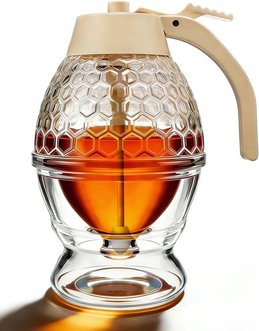 Honey Dispenser, No Drip Glass Maple Syrup Dispenser with Stand, Reusable Honey Jars, Easy Pour Honey Pot & Maple Syrup Container for Coffee, Pancake, Waffle, Tea(Not for Thick or Crystallized Honey)