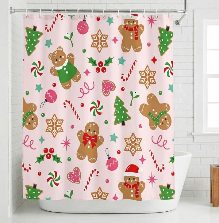 Frienda Pink Christmas Shower Curtain Set 71x72 Inch Cute Gingerbread Man Candy Cane Xmas Tree Snowflake Bathroom Shower Curtain with Hooks Winter Waterproof Merry Christmas Fabric Bath Decorations