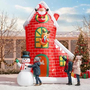12FT Christmas Inflatable Outdoor Decoration, Huge Christmas Castle with Santa Snowman and Reindeer with Built-in LED Lights, Giant Blow Up House with Chimney for Xmas Decor Lawn, Yard, Party