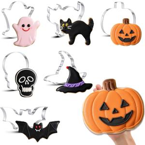 6 Pcs Large Halloween Cookie Cutters 8" Stainless Steel Metal Halloween Baking Cookie Molds for Holiday, Ghost, Bat, Pumpkin, Witch's Hat, Scared Cat, Skull