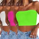 Womens Tube Tops Summer Bandeau Casual Crop Top Going Out Strapless Tank Basic Short Shirt (One Size Plus, 3 Pieces White,neon Pink,neon Green)
