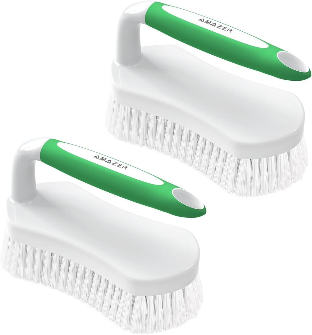 Amazer Scrub Brush for Cleaning Comfort Grip Shower Scrubber Stiff Bristles with Handle Heavy Duty Cleaner Brush for Tub Sink Carpet Floor - Pack of 2 (Green+Green)
