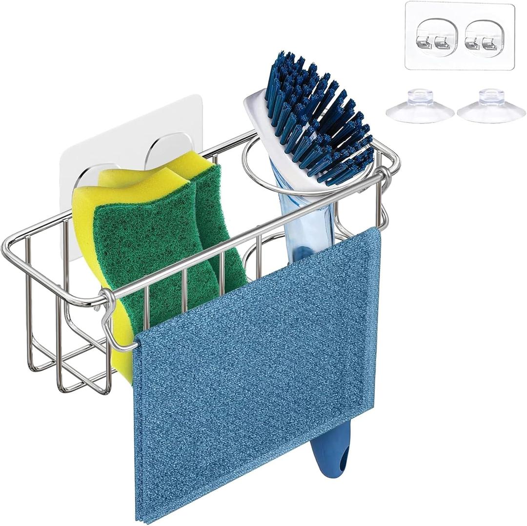 KESOL RustProof Sponge Holder Caddy for Kitchen, Stainless Steel Organizer, Brush Holder, 304 Accessories, Suction Cup + Adhesive (Silver)