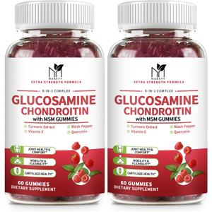 2 Pack Glucosamine Chondroitin Gummies, Glucosamine 1000mg, Chondroitin 750mg with MSM, Turmeric, Quercetin, Vitamin E, Calcium - Joint Health Support Supplement for Men & Women, Raspberry