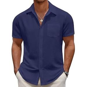 COOFANDY Men's Casual Button Down Short Sleeve Shirt Textured Summer Beach Vacation Shirt Navy Blue, M