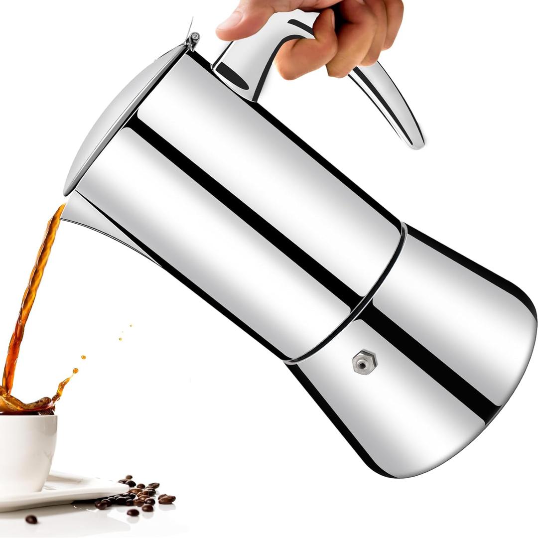 No Coating 4 Cup Thickened 304 Stainless Steel Moka Pot Stovetop Espresso Maker Italian Coffee Machine 200ml 6.8oz Suitable for Gas Induction Stovetop Greca Coffee Maker Percolator