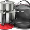 OXO Outdoor 8 Piece Camping Cookware Set, 10" Pre-Seasoned Carbon Steel Frying Pan Skillet, 2.25QT and 5QT Stainless Steel Saucepans with Lids, Removeable Handle, Trivet, Travel Bag, Space-Saving