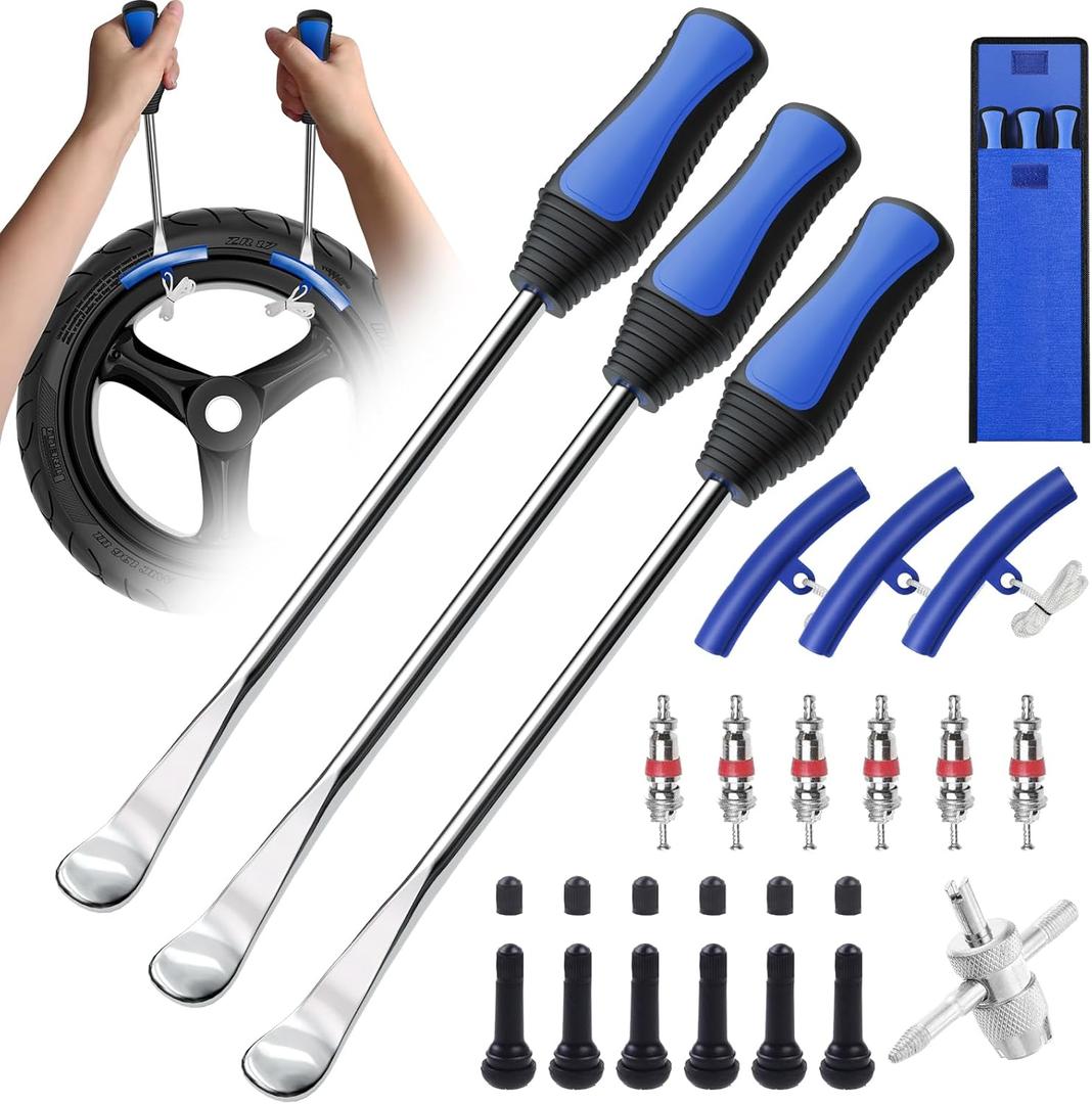 11.5" Tire Spoon Kit, 26pcs Tire Changing Tool for Motorcycle Dirt Bike Lawn Tractor Bicycle, Motorcycle Tire Changer Tire Removal Tool with 3pcs Rim Covers 6pcs Valve Tool Valve Cores(Blue)