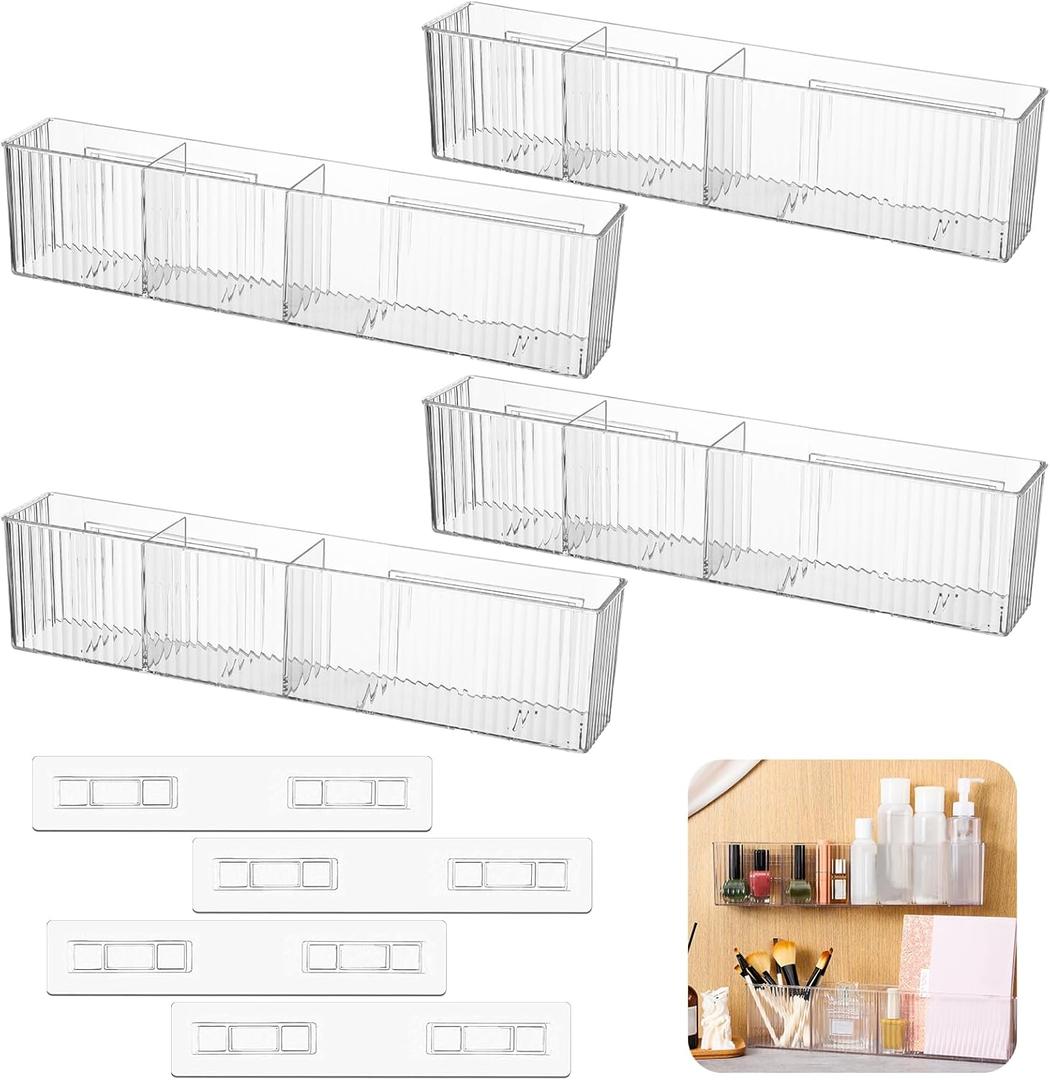 4 Pack Bathroom Wall Makeup Organizer Plastic Wall Mount Storage Organizer Clear No Drilling Hang Walls Adhesive Shower Shelf Cabinet Shelves with 3 Compartments for Bathroom Kitchen