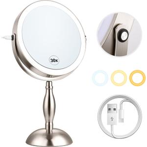 Makeup Mirror with Light, 30x Magnifying Mirror with 3 Lights Colors, 5000mAh Vanity Mirror Brushed Nickel - 360 Rotation, Brightness Adjustable Magnification, Modern Style Side Touch + Side Charge