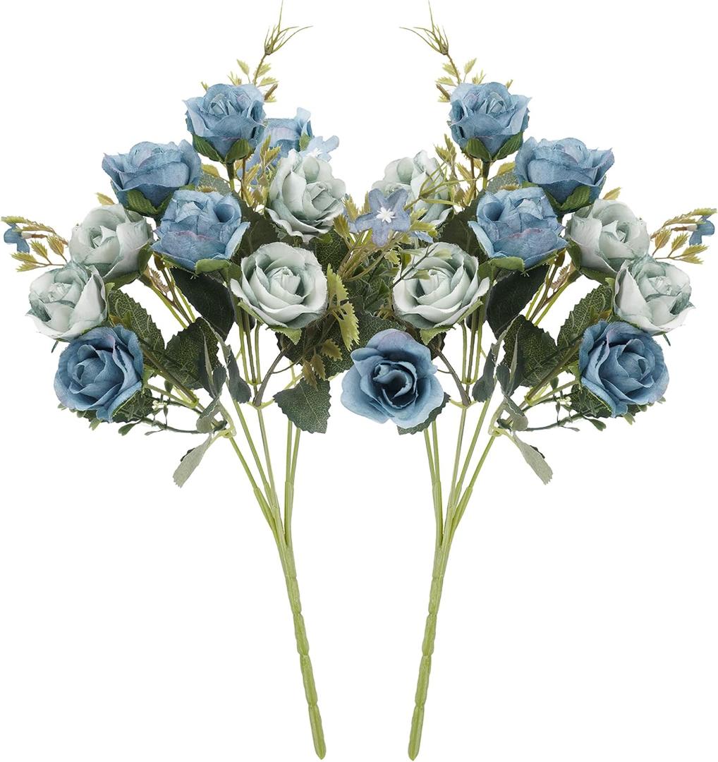 5 Stems 10 Heads Artificial Flowers Small Roses with Leaf Bouquet for Valentines Decoration Kitchen Wedding Office (2 Pack, Blue)