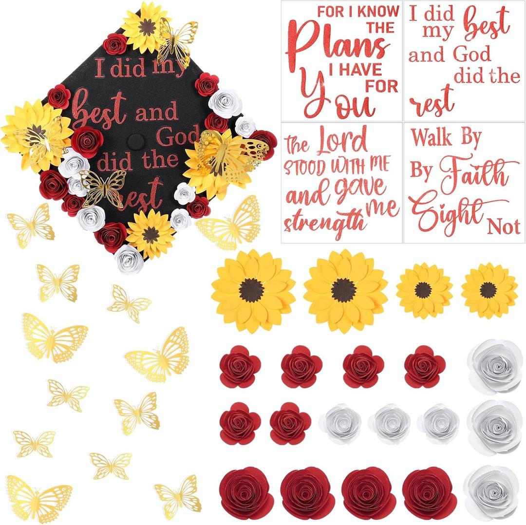 Suncalla 36 Pcs Red DIY Graduation Cap Decorations Kit, 20 Roses Sunflower Flower Heads 4 Inspirational Quote Glitter Stickers 12 3D Butterfly for Grad Cap Topper DIY Art Gift