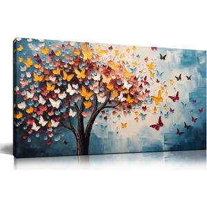 Butterfly Tree Canvas Wall Art for Living Room Bedroom Home Office Blue Colorful Tree of Life Wall Art Modern Large Framed Canvas Prints Size 20x40