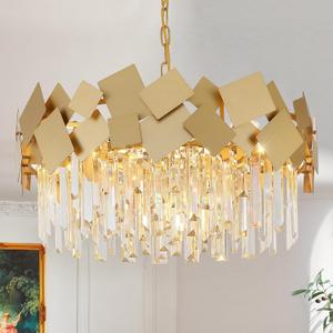 A AXILIXI Modern Crystal Chandelier Gold 24” Round Chandeliers for Dining Room 9-Light Ceiling Pendant Light Fixture K9 Crystal Luxury Semi Flush Mount Chandelier for Foyer Living Room
(24 inches - 1 Tier)