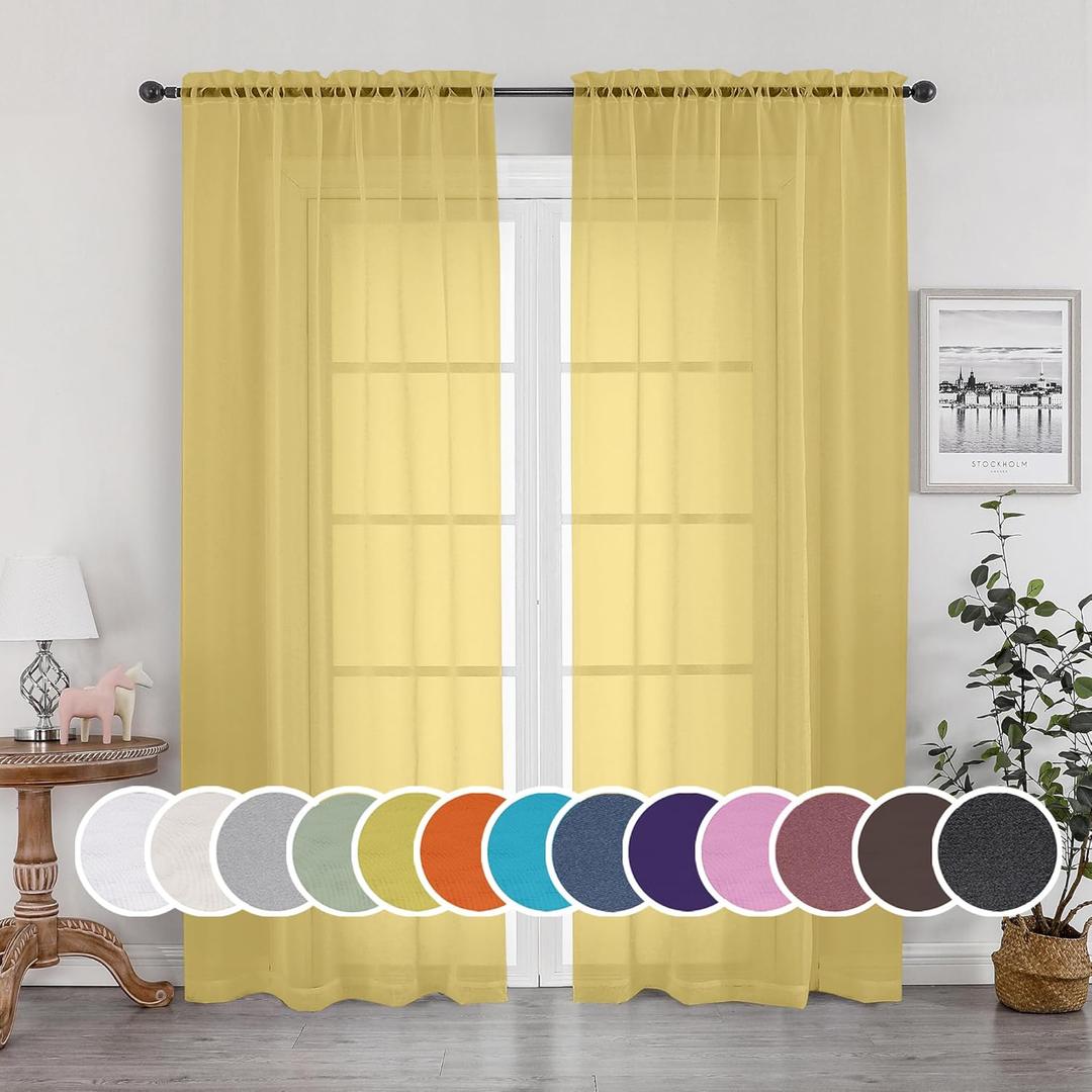 OWENIE Sheer Curtains 84 Inches Long 2 Panels Set, Gold Sheer Curtain for Living Room, Rod Pocket Voile Fimly Sheer Drapes for Bedroom, 2pcs, Each 42" W x 84" L