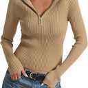 Prettywear 2025 Women's Half Zip Pullover Sweaters V Neck Collared Long Sleeve Ribbed Knit Fall Tops Dressy Casual (Large, Khaki)