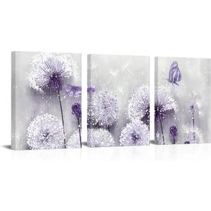 iHAPPYWALL 3 Pieces Lavender Dandelion Canvas Wall Art Abstract Wish Flower Butterfly Picture for Bathroom Bedroom Kitchen Wall Decor Ready to Hang 12x16inchx3pcs (Purple)