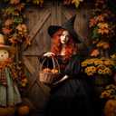 Kate 7x5ft Backyard Wooden Door Pumpkin Decor Photo Backdrops for Photography Autumn Leaves Flowers Puppet Figurine Halloween Photography Background