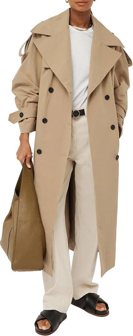 Farktop Womens Oversized Long Trench Coat Double Breasted Lapel Windproof Overcoat with Belt (Beige, M)