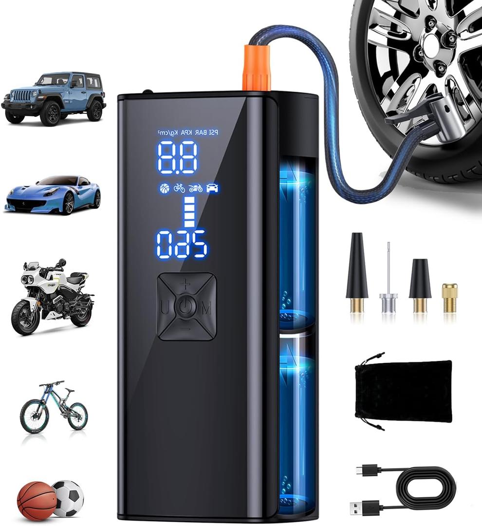 Tire Inflator Portable Air Compressor, 2X & 150PSI Faster Inflation Portable Air Pump with LED Light & Digital Pressure Gauge, Tire Pump for Car, Motorcycle, Bicycle, Ball