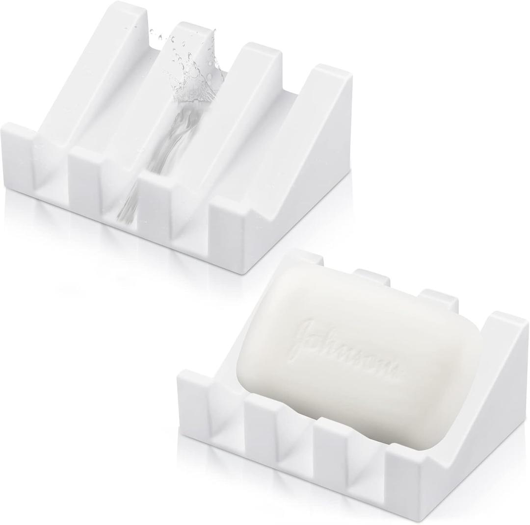 Cunhill 2 Pieces Silicone Soap Dish Self Draining Soap Dish Shower Waterfall Bar Soap Holder Tray with Drain Soap Saver for Kitchen Bathroom Accessories (Bright White)