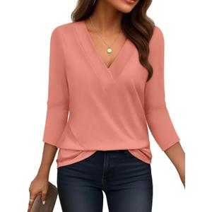 Bliwov Womens 3/4 Sleeve V Neck Tops Loose Fit T Shirts Casual Work Blouses 2026 Spring Soft Basic Tees Summer Outfits (Large, Coral)