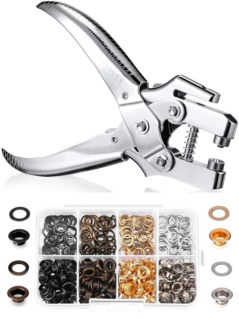 Honoson 3/16 Inch Grommet Tool Kit Eyelet Plier Set Hole Punch Grommet Hand Press Pliers with 200 Pieces of Eyelets for Shoes Clothes Bags(Gold, Silver, Grey, Copper)