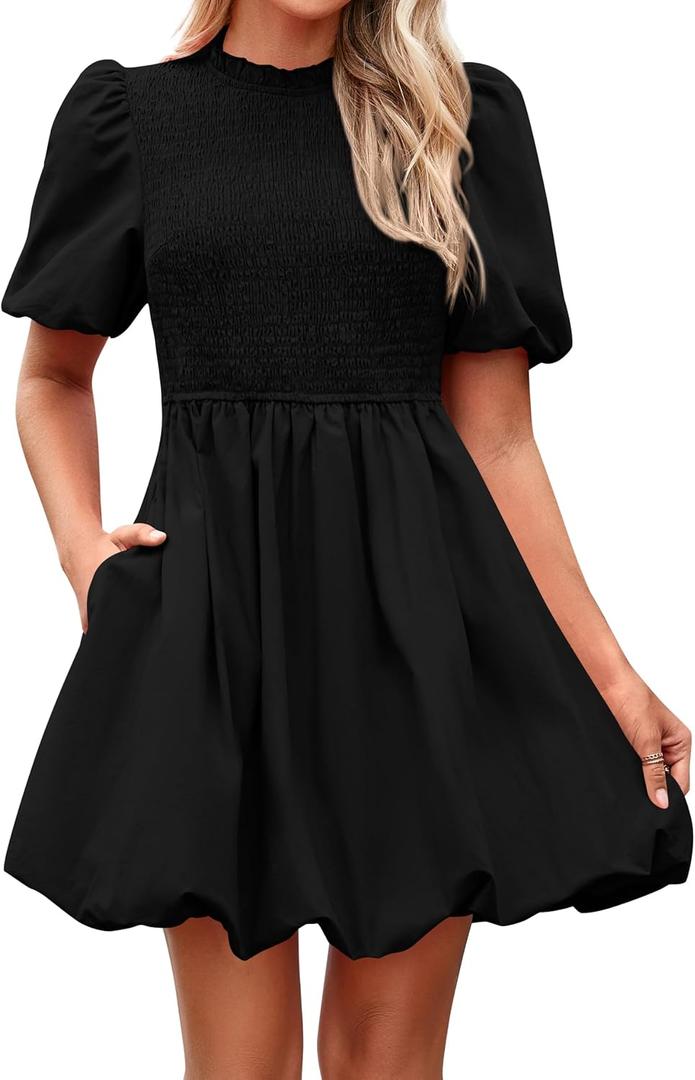 KIRUNDO Womens Summer Smocked Mini Dress 2025 Spring Puff Short Sleeve Boho Ruffle Crewneck Bubble A Line Short Dresses(Black, X-Large)