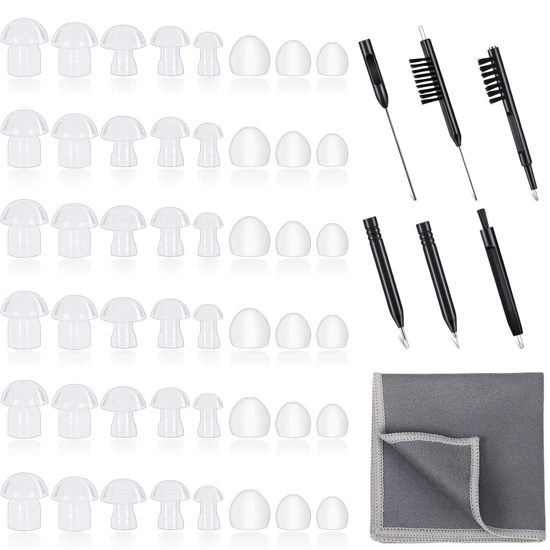 48 Pieces Hearing Aid Tips Hearing Aid Domes Universal Domes for Earbud Tip Replacement, BTE Sound Amplifier Accessories and 7 Pieces Cleaning Tools with Velvet Bag