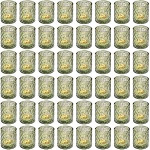 Maxdot 48 Pack Green Glass Votive Candle Holders 2.1 x 2.6 Inch St. Patrick's Day Tea Light Candleholder Bulk Xmas Glass Tealight Candlestick Holders for Table Centerpiece Home Wedding Party Decor