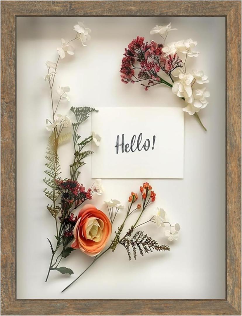 FrameWorks 12x16 Driftwood Wooden Shadow Box Frame  Soft Felt Back, Tempered Glass, and Included Elegant White Ball Push Pins (Brown)