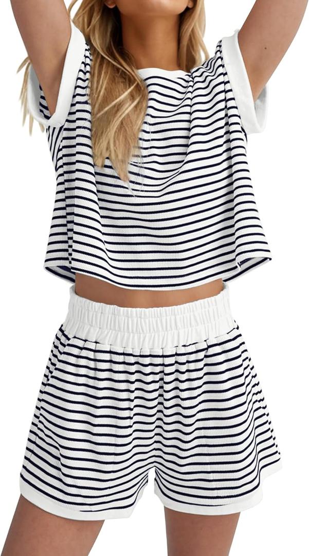 MISSACTIVER 2 Piece Lounge Set Women Stripe Knit Short Sleeve Tee Shirts Shorts Casual Summer Loungewear Shorts Sets (White, M)