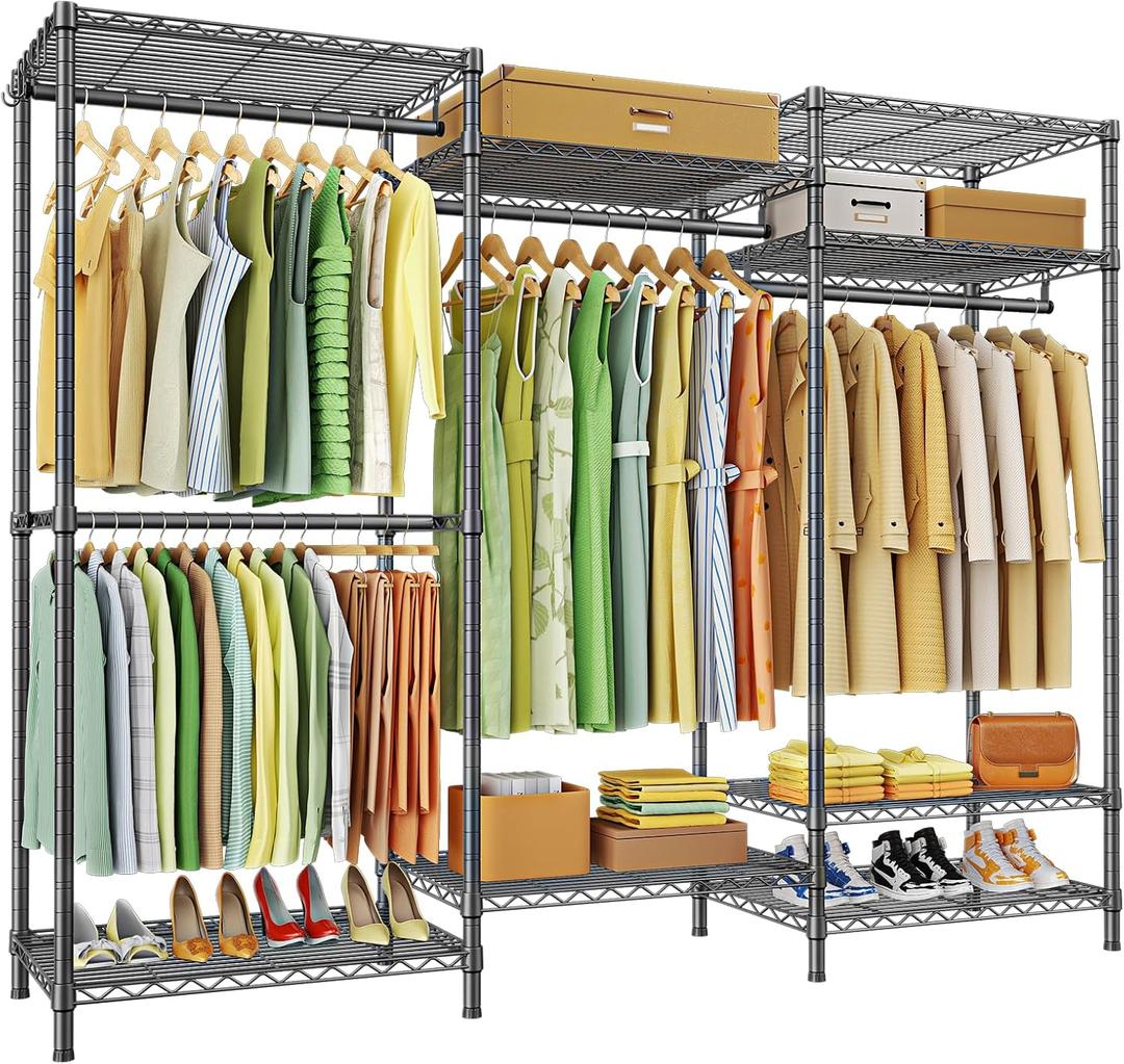 Ulif E13 Heavy Duty Clothes RackWith 4 Hanger Rods & 8 Shelves Freestanding Clothing Racks for Hanging ClothesAdjustable Closet OrganizerMetal Garment Rack 63" W x16 D x77 HMax Load 900LBSGrey