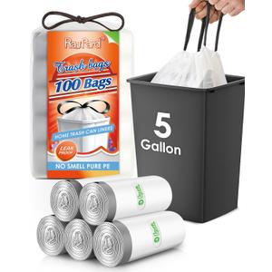 5 Gallon 100 Counts Strong Drawstring Trash Bags Garbage Bags by RayPard, Small Plastic Trash Bags fit 18-20L Trash Can for Home Office Kitchen Bathroom Bedroom, White Waste Basket Liners