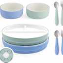 Elk and Friends Kids Porcelain Mealtime Bundle with Suction Sleeves | Plates, Bowls + Toddler Utensils | Silicone Sleeves | For Meals + Snacks | Microwave + Dishwasher Safe (Sage/Misty Blue (Suction Sleeves))
