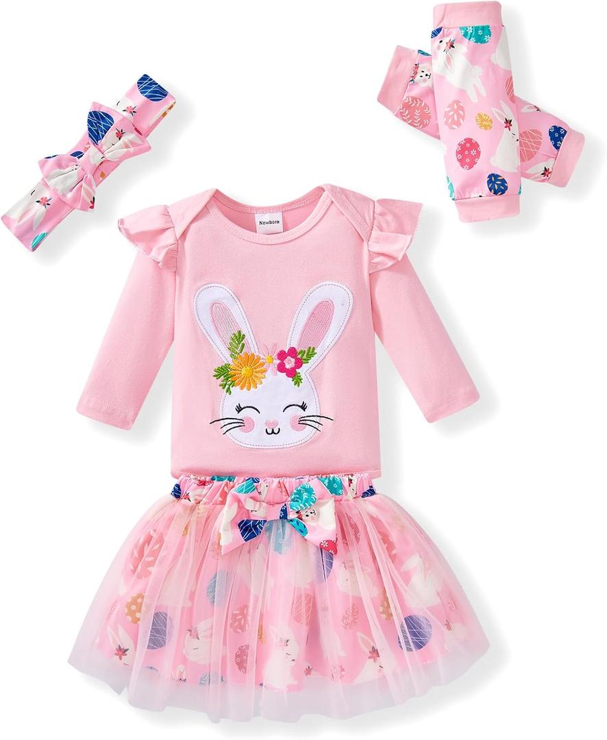 FUNMETA Baby Girl Easter Outfit 4 Piece Kids Long Sleeve Rabbit Romper Toddler Bow Pink Tutu Skirt Headband Leg Warmer Infant Easter Bunny Dress 6-12 Months