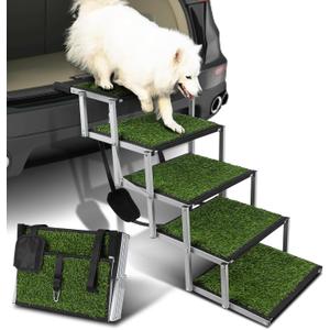 Dog Stairs for Car, Portable Folding Dog Ramps,Dog Steps for Large Dogs with Non-Slip Grass Rug for Cars, SUV, Trucks, Lightweight Pet Ramp Supports Up to 200 lb, 5 Steps (Grass 5 Steps)