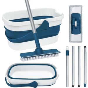 Collapsible Mop Set with Scrub Mop and Brush, Tile Laminate Hardwood Floor Brush and Flat Mops for Floor Cleaning, Foldable with Washable Microfiber Mop(Blue)