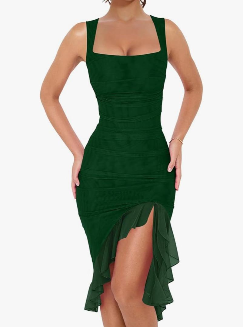 BORIFLORS Women's Sexy Ruched Bodycon Midi Dresses Square Neck Sleeveless Ruffle Hem Club Party Tank Dress, S