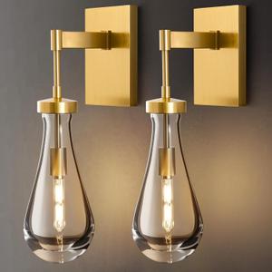 Raindrop Brass Crystal Wall Sconce: Set of 2 Clear Solid Indoor Sconces with Bulbs - Luxury Modern Gold Light Fixtures - Dimmable Vanity Lamp for Bedroom Living Room Bathroom Hallway Bedside Lighting, 2 Pack
