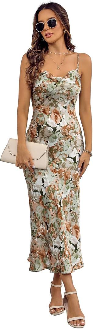 Women's Spaghetti Strap Midi Satin Silk Dresses Slip Cowl Neck Party Cocktail Evening Sexy Dress (Medium)