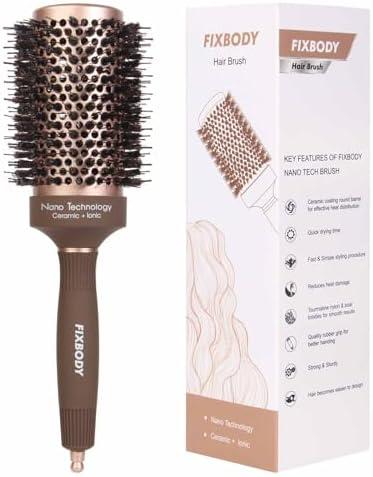FIXBODY Hair Brush, Round Brush for Blow Drying, Curling, Styling, Nano Thermal Ceramic & Ionic Tech, Boar Bristle, 3.3 inch, 2 inch Barrel, for Women, Volume & Shine, Brown, Hair Brush for Thick Hair