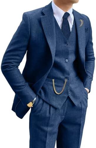 Retro Tweed Brown Men Suit 3 Piece Herringbone Slim Fit Suits Wedding Tuxedos Set Prom Jacket Blazers Vest Pants for Mens XL