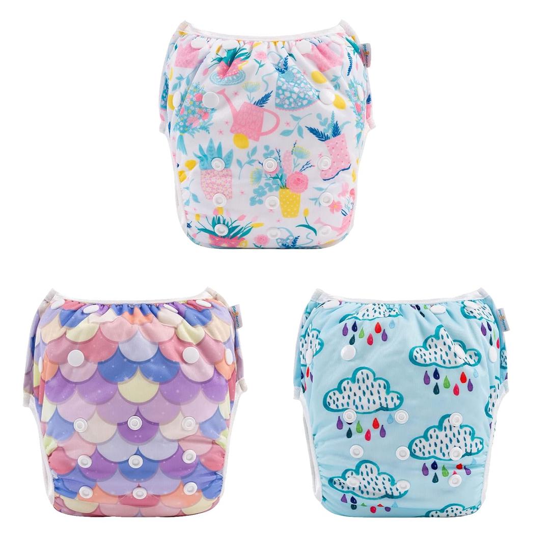 Babygoal Baby & Toddler Girl and Boy Swim Diapers, Reusable Adjustable Washable One Size Fits 6M-3T Gifts and Swimming Lessons 3 Pack 3ZSD25 (Large, Cloud and Flower)
