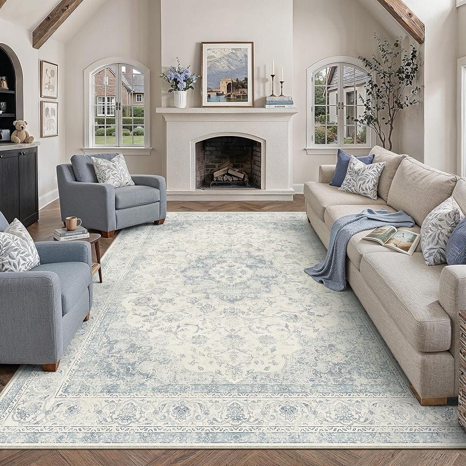 WondRg 9x12 Blue Washable Area Rug Non Slip Vintage Carpet | Low Pile, Durable, Soft, Large, Lightweight Rug for Living Room, Bedroom, Nursery, Office, Playroom, Dining Room, Home