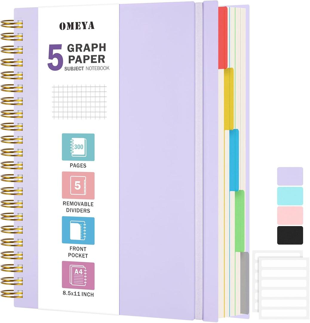 Graph Paper Notebook: 5 Subject Graphing Notebook with Removable Dividers, 300 Pages 100gsm Thick Spiral Grid Notebooks, 5x5 Graph Ruled Paper, Large A4 Journal for School Work Women Men, 8.5" X 11"