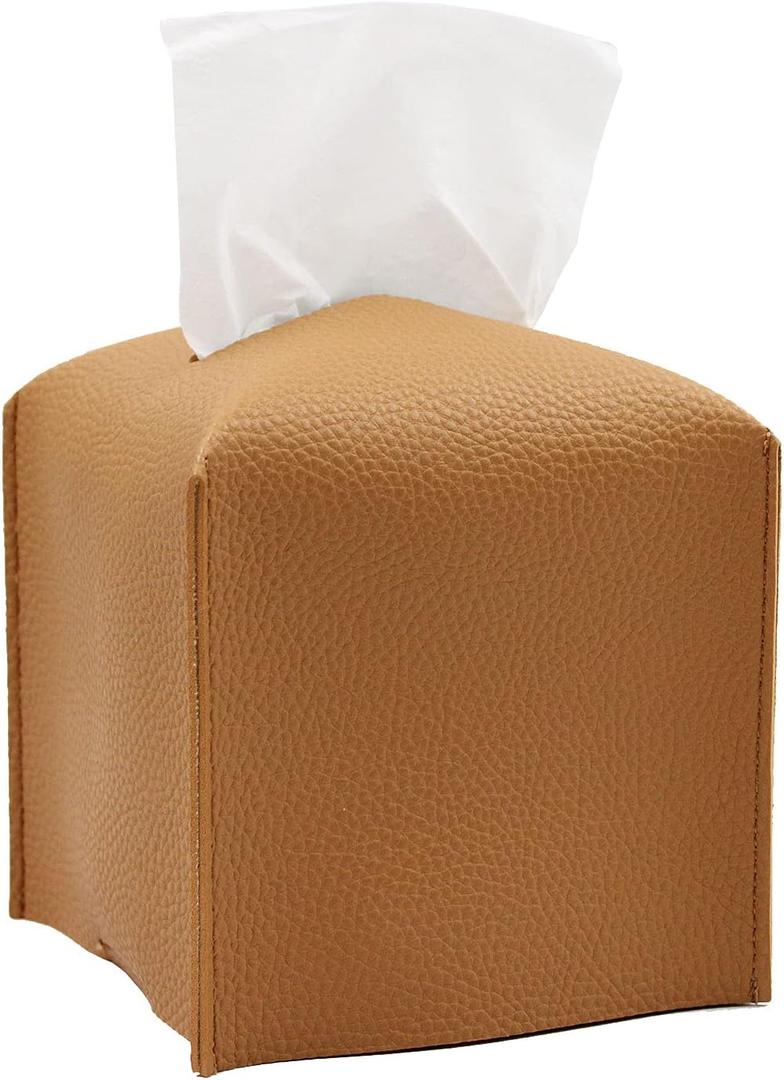Tissue Box Cover PU Leather Tissue Holder Square with Bottom Belt Facial Paper Organizer Dispenser for Table Top, Bathroom, Car, Camel